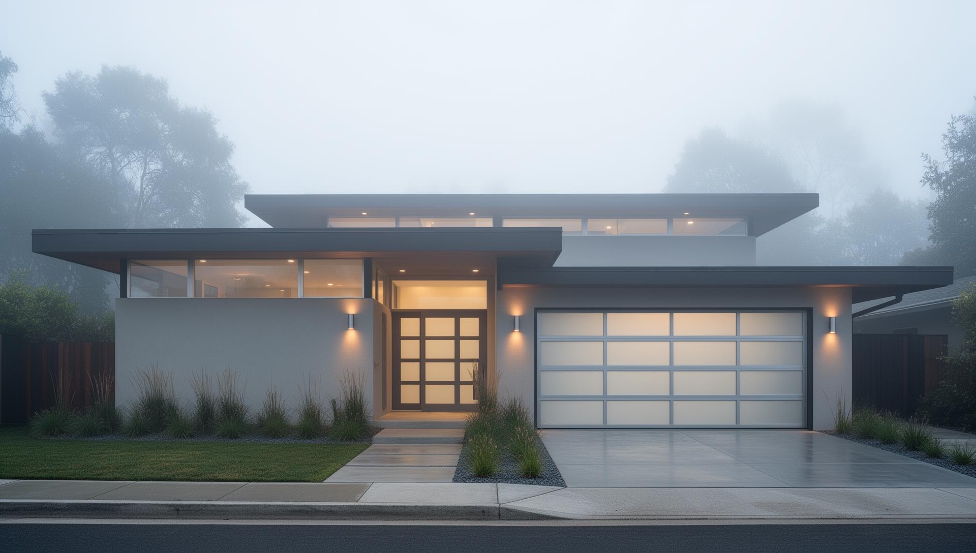 Modern steel garage door with frosted glass panels on mid-century home